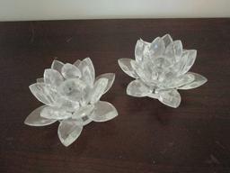 Pair - Glass Floral Design Candle Holders