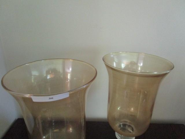 Pair - Amber Tulip Glass Candle Holders Tall w/ Scalloped Stem