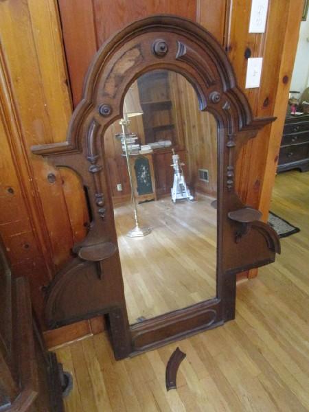 Vintage Wooden Vanity w/ Mirror Back, 6 Drawers Oval Design, 4 w/ Clear Plastic Pulls