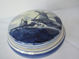 Lot - Delft Blue Hand Painted Wind Mill Landscape Pattern Covered Powder Dish