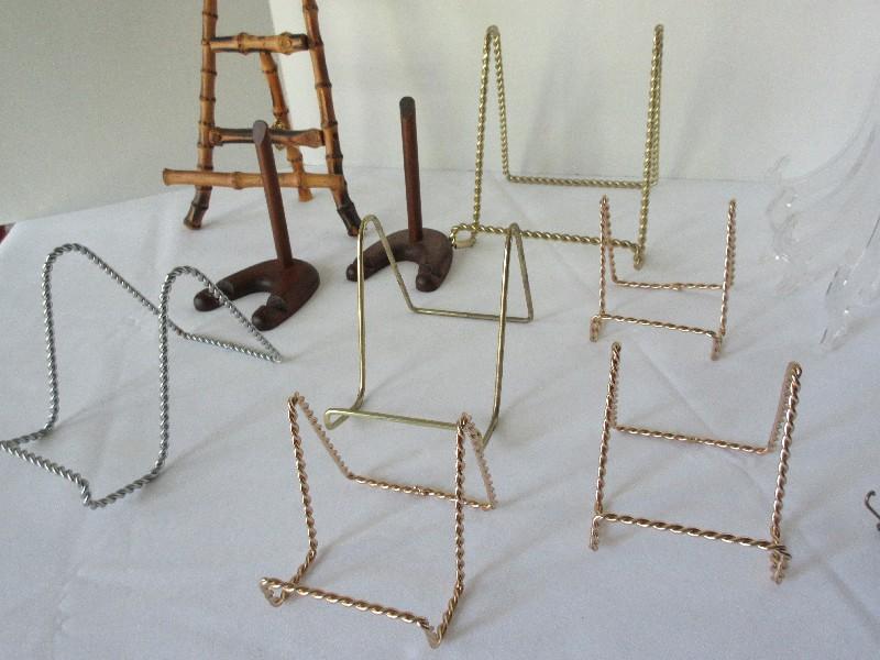 Lot - Misc. Display/Plate Stands, Bamboo Easel, Plastic, Lacquer & Metal