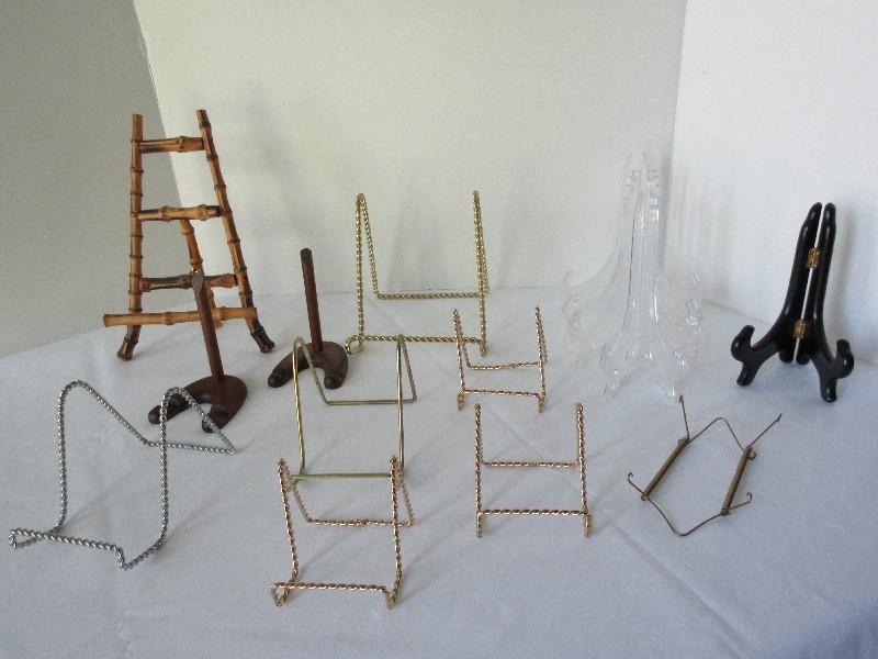 Lot - Misc. Display/Plate Stands, Bamboo Easel, Plastic, Lacquer & Metal