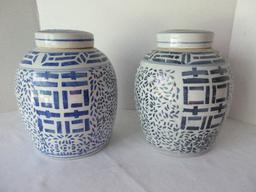 Pair - Porcelain Chinese Design Blue & White Ginger Jars w/ Lids