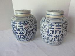 Pair - Porcelain Chinese Design Blue & White Ginger Jars w/ Lids