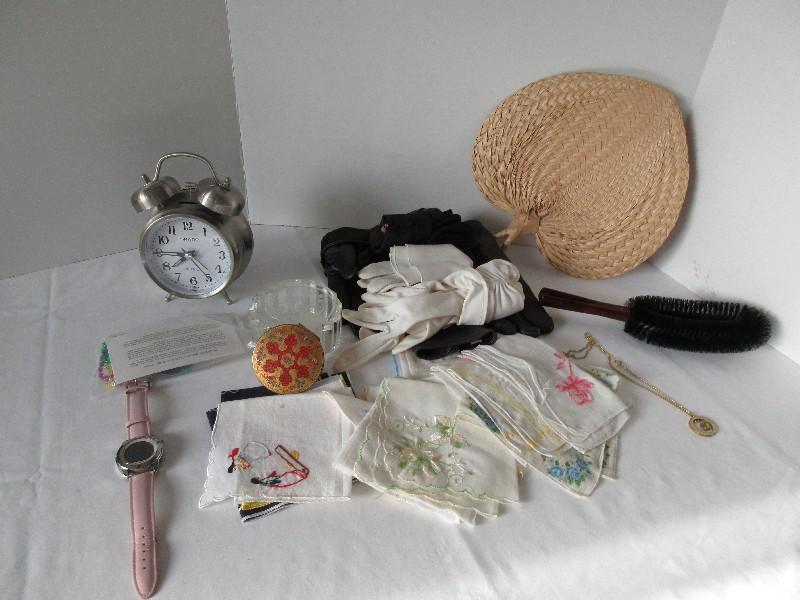 Lot - Stratton Compact w/ Floral Sprays Design, Gloves, Garment Brush, Handkerchiefs