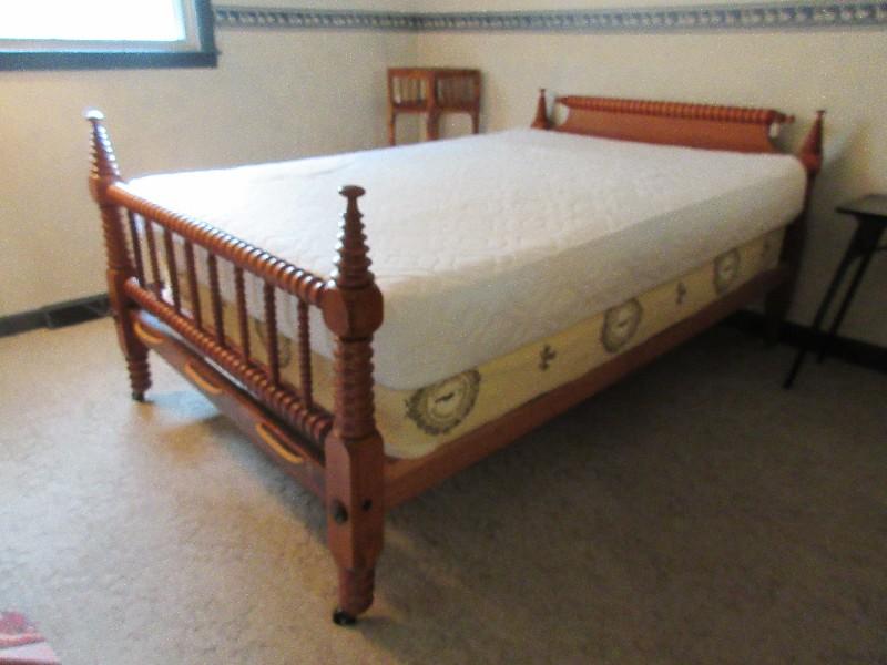 Antique Spool Low Post Four Poster Rope Bed Converted Three Quarter to Full