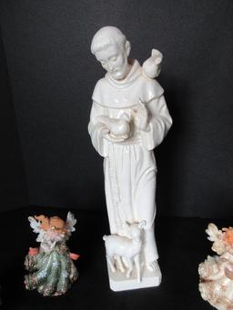 Lot - Artmark Ceramic St. Francis of Assisi Statuette 15" & 4 Resin Angelio Cherub Figurines 5"