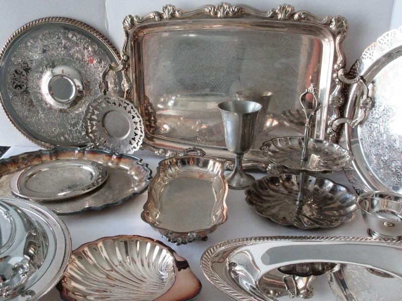 Lot - Silverplate Serving Pieces, Chalice, Chip & Dip, Engraved Tray, Handled Tray