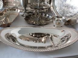 Lot - Silverplate Serving Pieces, Chalice, Chip & Dip, Engraved Tray, Handled Tray