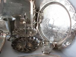 Lot - Silverplate Serving Pieces, Chalice, Chip & Dip, Engraved Tray, Handled Tray