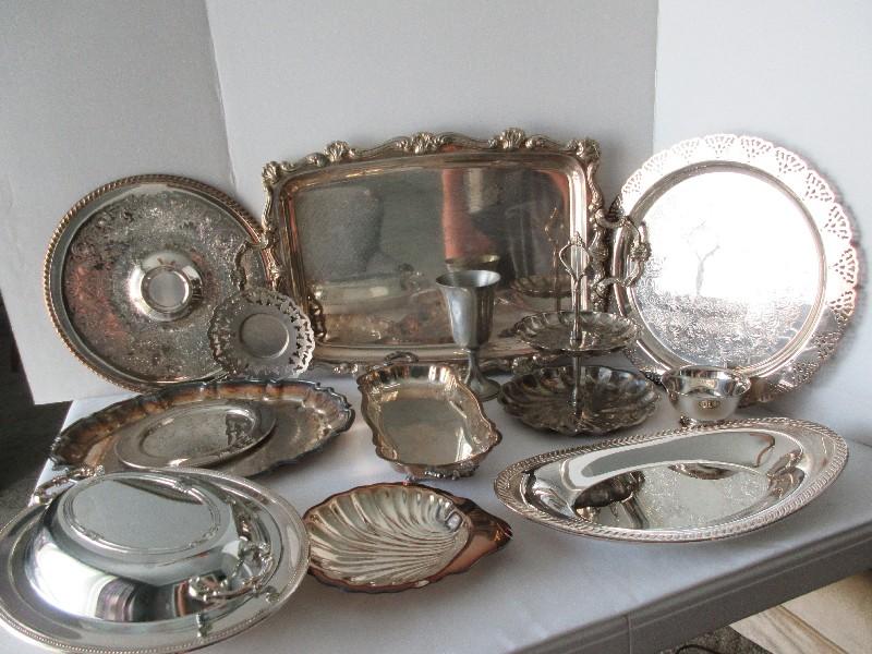 Lot - Silverplate Serving Pieces, Chalice, Chip & Dip, Engraved Tray, Handled Tray