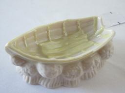 Eminent Belleek Ireland Porcelain Giftware Yellow Lustre Row Boat & Wave Swells Trinket Dish
