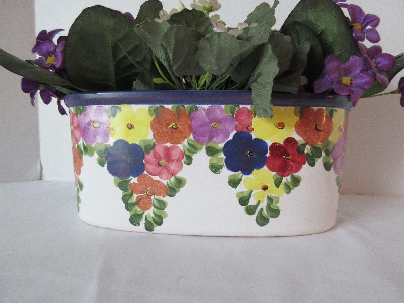 Ceramic Oblong Planter Box Hand Painted Vivid Wildflowers & Foliage Pattern Cobalt Trim
