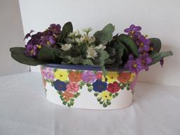Ceramic Oblong Planter Box Hand Painted Vivid Wildflowers & Foliage Pattern Cobalt Trim