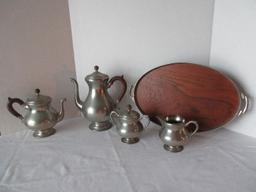 6 Piece - Royal Holland Pewter Coffee/Teapots w/ Hinged Lids, Creamer, Covered Sugar Bowl