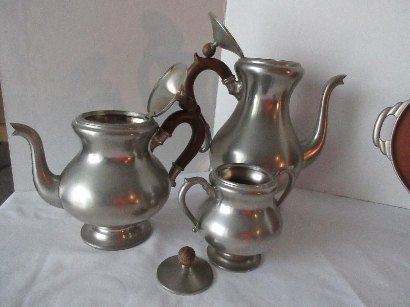 6 Piece - Royal Holland Pewter Coffee/Teapots w/ Hinged Lids, Creamer, Covered Sugar Bowl