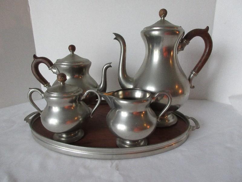 6 Piece - Royal Holland Pewter Coffee/Teapots w/ Hinged Lids, Creamer, Covered Sugar Bowl