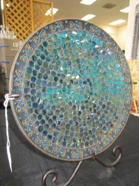 Ornate Blue Glass/Bead Display Plate w/ Stand