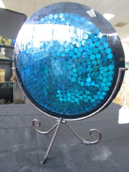 Ornate Blue Glass/Bead Display Plate w/ Stand