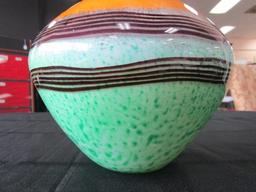 Wide-Body Art Glass Vase, Narrow Top, Black/Orange/Green
