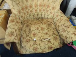 Vintage Reins Upholstery Shoppe Arm Chair Scalloped Back, Arms Covered, Rose Motif