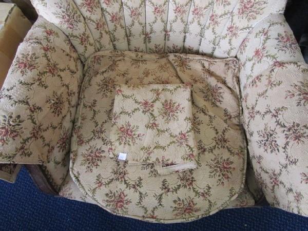 Vintage Reins Upholstery Shoppe Arm Chair Scalloped Back, Arms Covered, Rose Motif