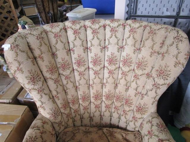 Vintage Reins Upholstery Shoppe Arm Chair Scalloped Back, Arms Covered, Rose Motif