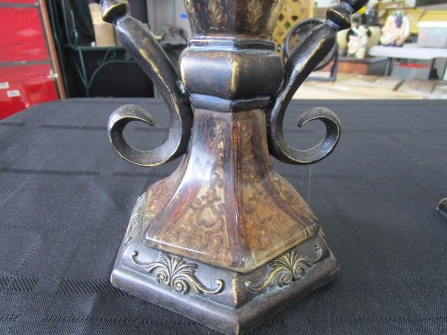 Pair - Ornate Amber/Metal Votive Candle Holders Décor, Curled Handles