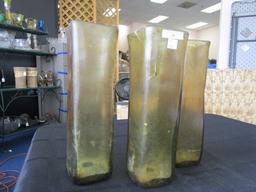 3 Green Glass Vases 11 1/2" H