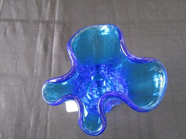 Blue Art Glass Vase Crimped Rim
