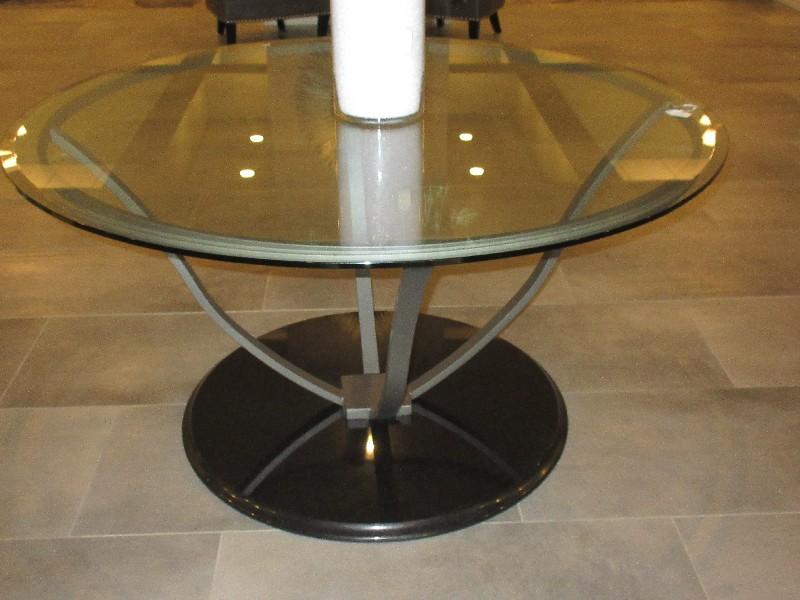 Transitional Modern Black Granite Base Gray Metal Pedestal Table w/ Beveled Edge Glass