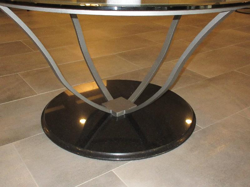 Transitional Modern Black Granite Base Gray Metal Pedestal Table w/ Beveled Edge Glass