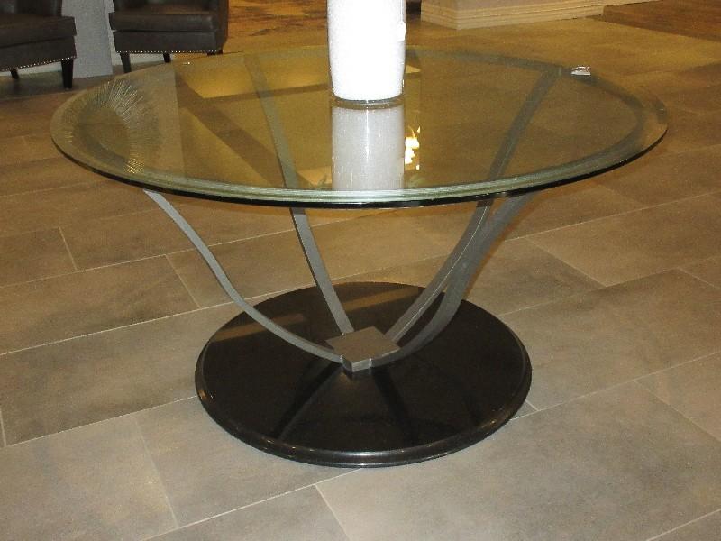 Transitional Modern Black Granite Base Gray Metal Pedestal Table w/ Beveled Edge Glass