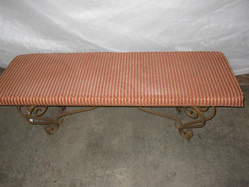 Traditional Spanish Scroll Design Antiqued Patina Metal Base Bench w/ Striped Upholstery