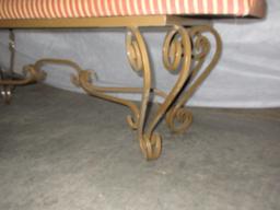 Traditional Spanish Scroll Design Antiqued Patina Metal Base Bench w/ Striped Upholstery