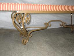 Traditional Spanish Scroll Design Antiqued Patina Metal Base Bench w/ Striped Upholstery
