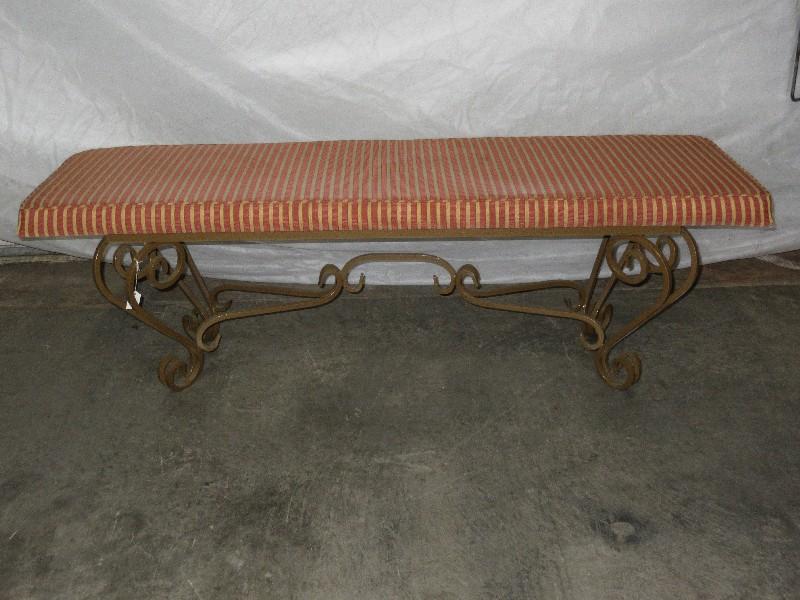 Traditional Spanish Scroll Design Antiqued Patina Metal Base Bench w/ Striped Upholstery