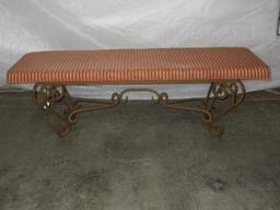 Traditional Spanish Scroll Design Antiqued Patina Metal Base Bench w/ Striped Upholstery