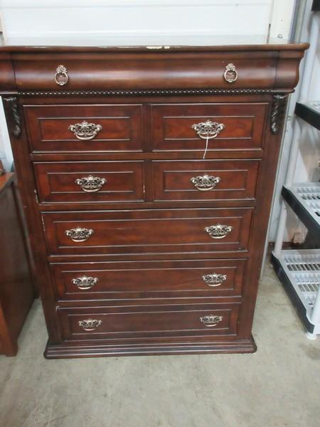 Cherry Finish Chest of Drawers w/ Acanthus Leaves, Beaded Trim & Ornate Pulls