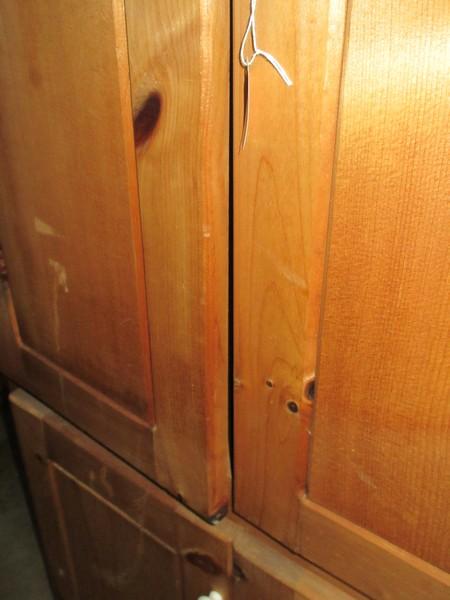 Rustic Country Knotty Pine Natural Finish 4 Panel Door Cabinet w/ Painted White Wooden Pulls