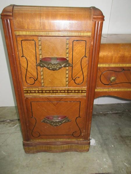 Depression Era Waterfall Style Vanity w/ Bakelite Pulls Faux Marquetry Trim