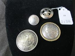 Lot - Screw Back Pins, One Dollar, Sherriff Star, Indian Head, Floral/Rope Trim