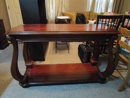 Cherry Wood 2-Tier Entry Table, Curled Scalloped Columns, Arched Pediment