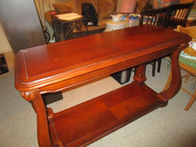 Cherry Wood 2-Tier Entry Table, Curled Scalloped Columns, Arched Pediment