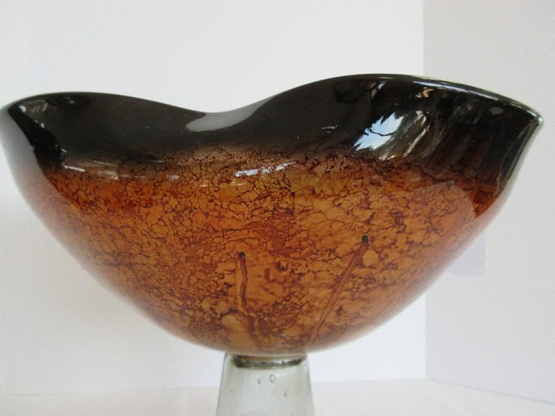 Large Venetian Art Glass Hand Blown Pedestal Bowl Brown Mottled