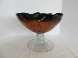 Large Venetian Art Glass Hand Blown Pedestal Bowl Brown Mottled