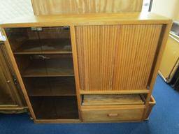 Wooden Entertainment Cabinet, 2 Roll Doors, 2 Glass Doors w/ 4 Inlay Shelves