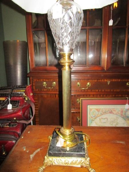 Waterford Crystal Diamond-Cut/Brass Column Body Lamp, Lion Paw Feet, Black Marble Base