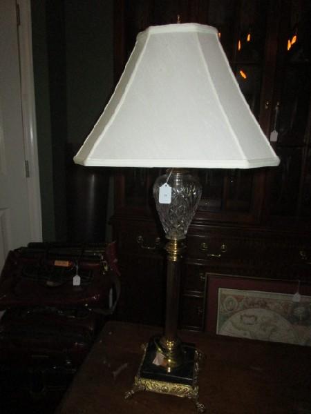 Waterford Crystal Diamond-Cut/Brass Column Body Lamp, Lion Paw Feet, Black Marble Base