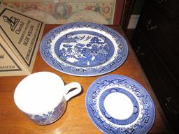 2 Churchill England Classic Blue Willow 3 Piece Set Dinner Plate, Cup & Saucer